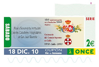 Imagen del cupón del 15 de diciembre dedicado al 150 aniversario de la Real y Benemérita Institución de los Cablleros Hospitalarios de San Juan Bautista