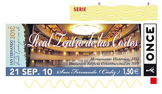 Imagen del cupón del 21 de septiembre, dedicado al Real teatro de las Cortes,con motivo del Centenario de las Cortes de Cádiz