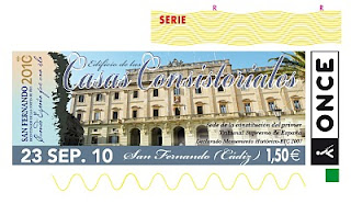 Imagen del cupón del 23 de septiembre, dedicado a las Casas Consistoriales,con motivo del Centenario de las Cortes de Cádiz