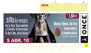 Cupón del 5 de abril dedicado al 150 aniversario de la virgen de Dolores Coronada de Álora, en Málaga