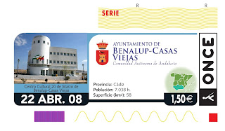Cupón del 22 de abril, dedicado a Benalup-Casas Viejas (Cádiz), con una imagen de su centro cultural
