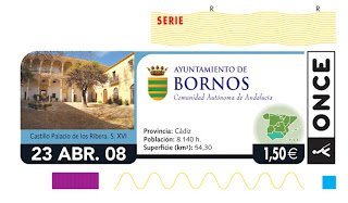 Cupón del 23 de abril dedicado a Bornos (Cádiz), con una imagen del patio de los Ribera