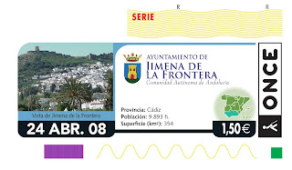 Cupón del 24 de abril dedicado a Jimena de la Frontera con una vista de la localidad