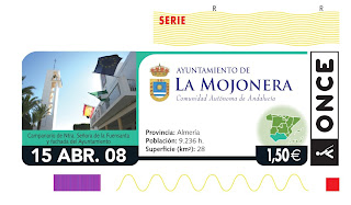 Cupón del 15 de abril dedicado a La Mojonera (Almería), con una imagen del campanario de la Fuensanta
