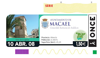 Cupón del 10 de abril dedicado a Macael (Almería), con una imagen de la torre de su iglesia