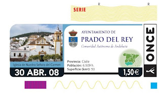 Cupón del 30 de abril dedicado a Prado del Rey (Cádiz), con la imagen de la iglesia del Carmen