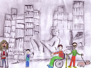 Dibujo ganador del Concurso Escolar de la ONCE en la categoría A de Granada, donde aparecen varias personas dibujadas, entre ellas un invidente con su perro guía y una personas en silla de ruedas.