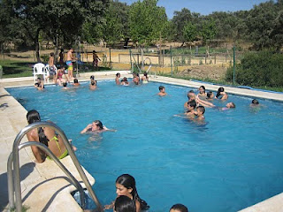 El grupo de jóvenes disfrutando de un baño en la piscina