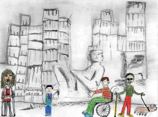 Dibujo ganador de la Categoría A, donde aparecen las Ruinas Mayas de Méjico donde aparecen varias personas discapacitadas, entre ellas un invidente junto a su perro guía