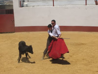 El director de la ONCE en Málaga, Cristóbal Martinez, toreando una vaquilla ayudado por uno de los jóvenes de la escuela taurina