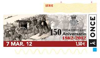 Imagen del cupón del 7 de marzo dedicado al 150 aniversario del Cuerpo de Bomberos de Jerez de la Frontera