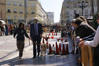 El alcalde de Huelva con antifaz guiado por un perro guía en el circuito