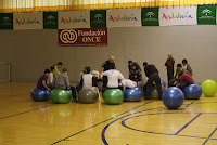 Un grupo de alumnos realiza una actividad deportiva en pelotas de fitness