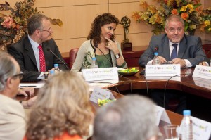 La consejera de Salud y Bienestar Social y el delegado territorial escuchan atentos la intervención del vicepresidente nacional de la Mesa del Tercer Sector