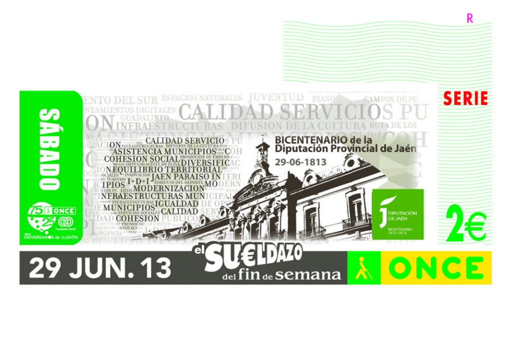 Imagen del cupón dedicado al Bicentenario de la Diputación Provincial de Jaén donde aparece su sede junto a palabras como: calidad, servicio, asistencia, Jaén, calidad o cohesión