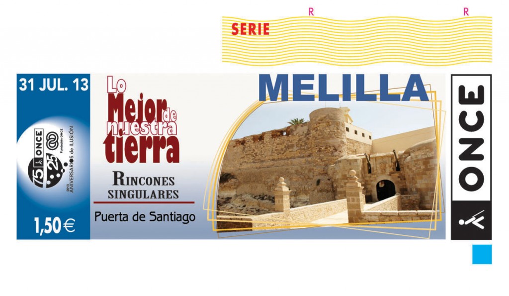 Imagen del cupón en el que aparece la Puerta de Santiago de Melilla