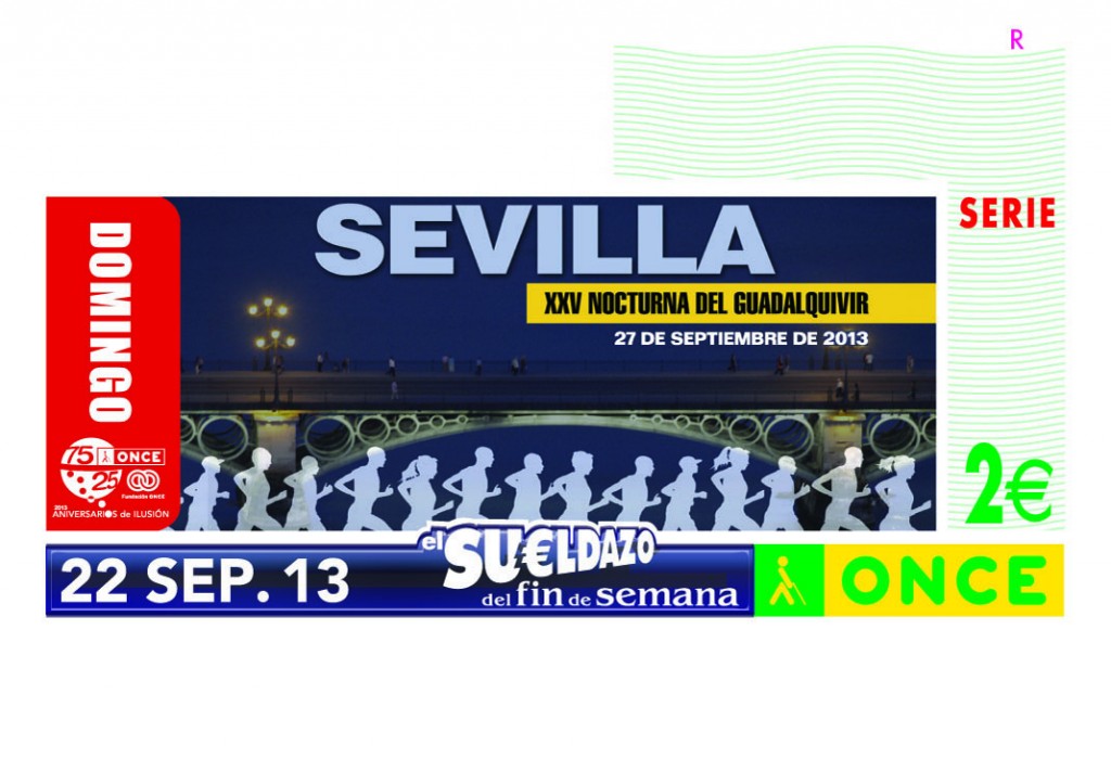 En la imagen, el cupón con el Puente de Triana y una serie de siluetas corriendo en una carrera