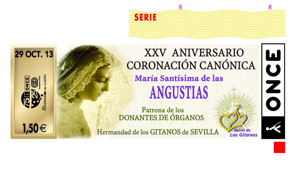 En la imagen del cupón aparece la figura de María Santísima de las Angustias. La imagen de la virgen aparece en un primer plano y de perfil