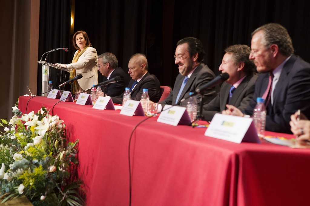 Todos los integrantes de la mesa presidencial escuchan la intervención de la consejera situada en el atril
