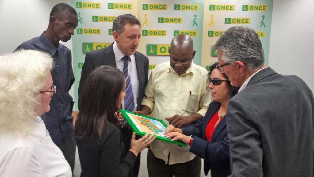 Todos los asistentes a la reunión miran el mapa en relieve de Andalucía que sostiene la presidenta del Consejo Territorial