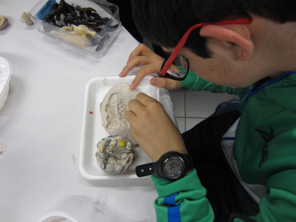 Un alumno atentamente mirando una pieza de geología