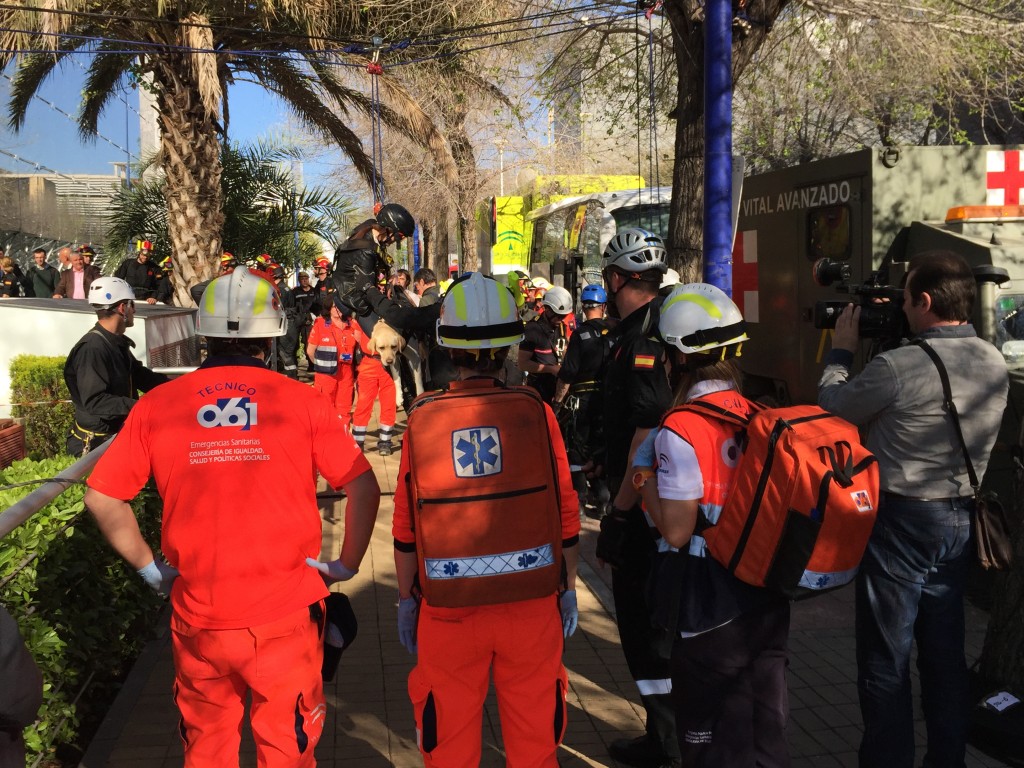Momento final del simulacro de rescate con perro guía rodeados de integrantes del 061, medios de comunicación y otros especialistas 