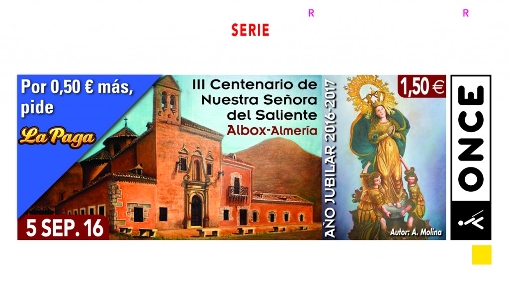 Una imagen de la talla de la virgen y la fachada de la iglesia ocupan la imagen del cupón