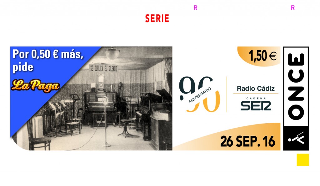 Una imagen del estudio de la primera emisora de Radio Cádiz ocupa la imagen central de este cupón