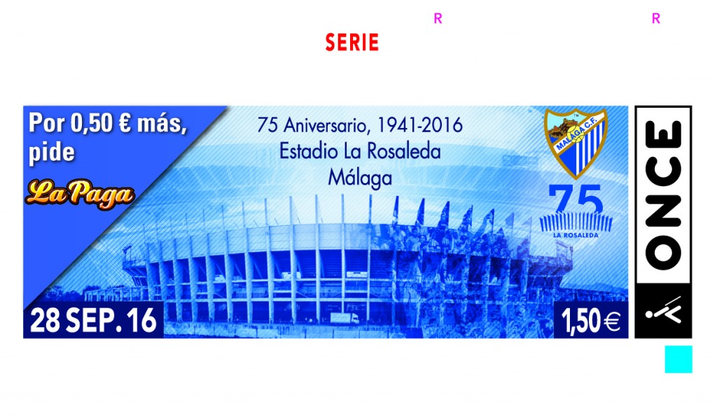 El exterior del estadio malagueño con fondo de color azul es el motivo del cupón