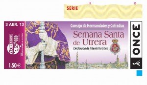 Imagen del cupón en la que aparece un acólito con la ciudad de Utrera a sus espaldas, donde se muestran los monumentos más destacados.